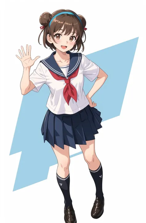 rating:safe, 1girl, solo, skirt, school uniform, double bun, white legwear, brown hair, simple background, shoes, kneehighs, white background, open mouth, hair bun, full body, brown eyes, serafuku, standing, sailor collar, pleated skirt, uwabaki, smile, hand on hip, shirt, short sleeves, looking at viewer, blush, short hair, socks, waving, white shirt, black skirt, white footwear, blue sailor collar, hand up, :d, neckerchief, bow, blue skirt, black sailor collar, loafers, ribbon, hairband, bangs, collarbone, ,[Five fingers on one hand]