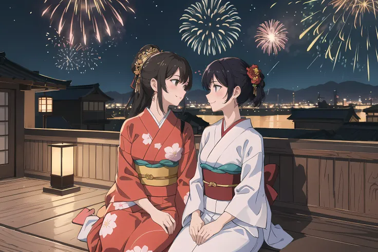 Best Quality, Masterpiece, 2girls, 21 years old, attractive, lesbian couple, in love, Japanese Yukatas, earrings, (blushing), seductive, sitting, at night, rooftop party, (watching the fireworks together, looking at each other),