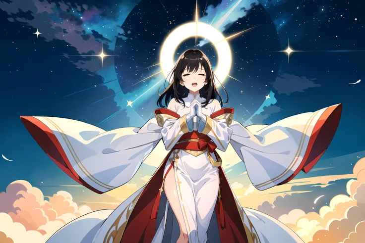 ((best quality, masterpiece)), 1girl, 20 years old, wide hips, (fine tailored white robes from God, with red sashes, long sleeve, white gloves), Standing atop a mountain, (Arms outstretched, hands reaching up to the skies), (Goddess), eyes closed, open mouth, head raised up, basking in the light, Blinding light behind her, huge ball of light behind her in the background, (magical starry sky), swirling clouds rays of light shine down upon her, feathers falling all around, radiating with a holy aura