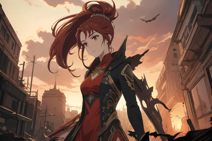 1girl, warrior, phoenix dress, sword, attractive, windswept red hair, outdoors, cinematic shot, detailed background, ruined city, sunset, bare forehead, bats
, best quality, masterpiece, intricate details, (tfft), messy ponytail
, <lora:tfftSidebangsHair_v1:1.0> <lora:phoenixdress_v10:0.6>
