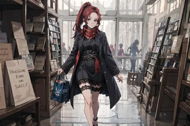 attractive redheaded mature old woman shopping in a bookstore, dress, smiling, holding shopping bags, heels, goth, flowing embroidered scarf, lacy silk stockings, (forehead), long detailed coat, indoors
, best quality, masterpiece, intricate details, (tfft), hair tie, ponytail
,  <lora:estheticGothicLolita_gothiclv1:0.6>  <lora:tfftSidebangsHair_v1:1.0>  <lora:matureFemaleLoha_v420:0.6>