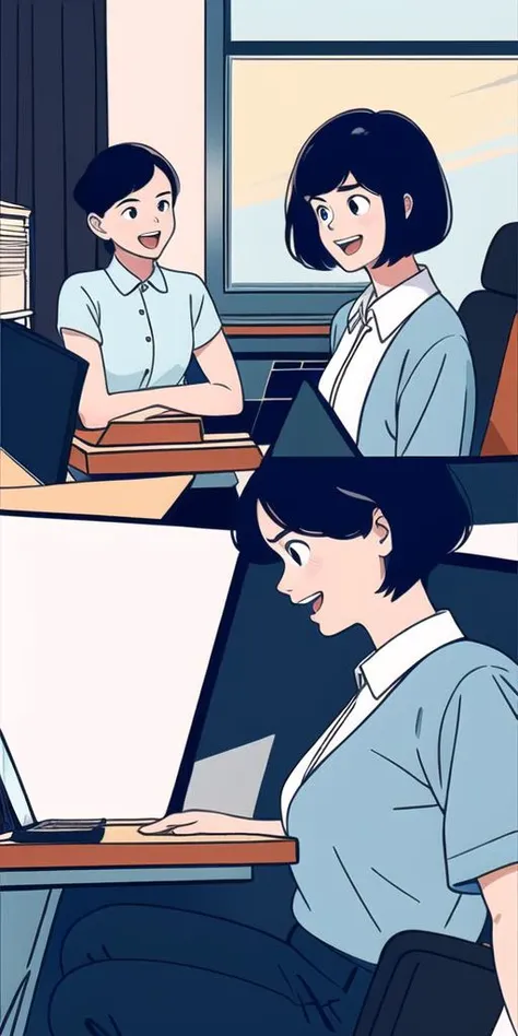 2 girls, 20 Yo,2 girls chatting about work at a computer desk,with short hair,( white collar shirt:1.2), big eyes ,:d,
On the first day of work,Computer office,cover, Three fold composition,
<lora:cdtm:0.8:1,1,1,0.6,0.6,1,0.8,0.2,0,0,0,0.2,0.5,0.5,0.2,0,0>,< (masterpiecel), (extremely intricate:1.2)>,masterpiece, best
quality,<lora:luobo_countany04:0.4:0,0,0,0.4,0.4,0,0.2,0.8,1,1,1,0.8,0.5,0.5,0.8,1,1>.