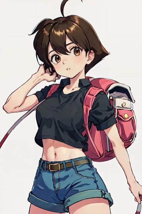 (masterpiece, best quality;1.3), extremely detailed ,ultra detailed,  1GIRL,solo, looking at viewer,  
umihara kawase, ahoge, black crop top, blue shorts, belt, backpack,
<lora:umihara_kawase:1>