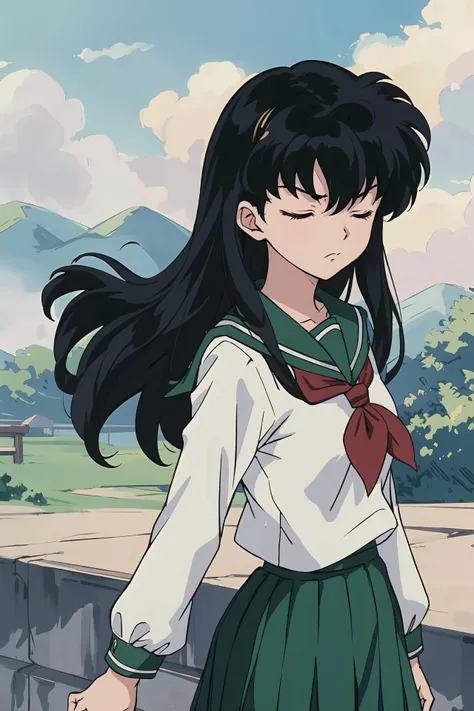 (best quality, masterpiece, highres), kagome higurashi, 1girl, solo, green school uniform, long sleeves, serious, tsundere, scenery, closed eyes,
<lora:Kagome Higurashi:0.6>
