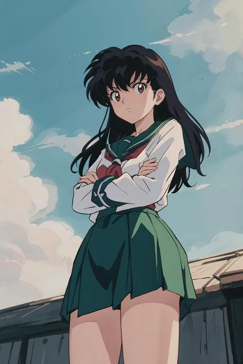 (best quality, masterpiece, highres), kagome higurashi, 1girl, solo, green school uniform, long sleeves, serious, tsundere, looking at viewer, crossed arms, scenery, from below, close-up
<lora:Kagome Higurashi:0.6>