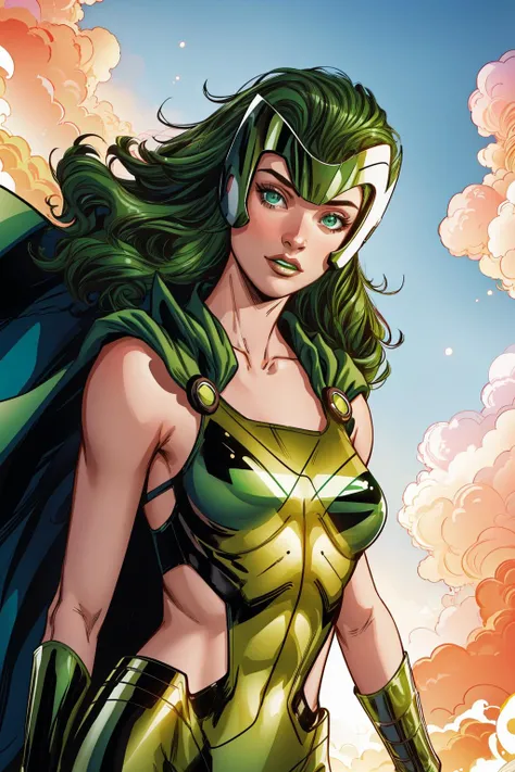 (Muscular:1.5), (thick thighs:1.5), (white caucasian female, green eyes, pale skin, jet black hair:1.5), adult, (short hair:1.5), glasses, (earrings, eyeshadow, lipstick), (upper body view, three quarter view:1.5), (striations), (flat chest), (choker, skintight green bodysuit, small cape:2), (sculped muscles:1.6), detailed eyes, (muscular body:2), (looking at viewer), (big smile:1.4), rim lighting from the front, two tone lighting, (dimly lit), clean skin, low key (DETAILED SKIN)