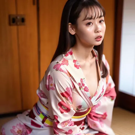 best quality, ultra high res, (photorealistic:1.4), <lora:japan:1.0>, 1girl, brown_hair, collarbone, floral_print, japanese_clothes, kimono, lips, looking_at_viewer, photo_\(medium\), realistic, red_lips, sitting, solo, striped, striped_kimono, traditional_media, white skin, cherry blossom