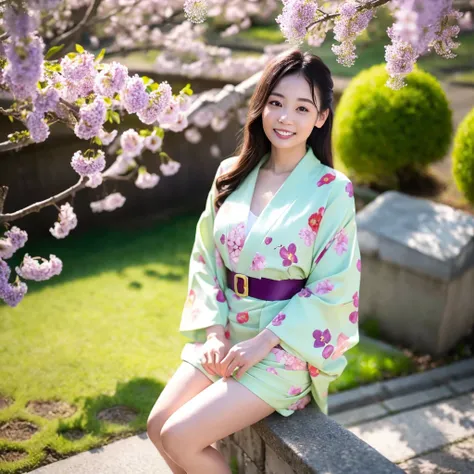 best quality, ultra high res, (photorealistic:1.4), <lora:japan:0.8>, 1girl, brown_hair, collarbone, floral_print, green japanese_clothes, green kimono, lips, looking_at_viewer, photo_\(medium\), realistic, red_lips, sitting, solo, striped, striped_kimono, traditional_media, white skin, pink_flower, pink_theme, plum_blossoms, pov, sanshoku_dango, shouji, smile, solo, solo_focus, spring_\(season\), standing, tree, tube, wisteria, 1girl