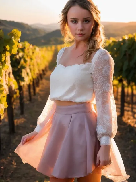 ((Close-Up)),((Wedding Photography)),((A rustic, sun-drenched vineyard with rolling hills and rows of grapevines)),night time, 1girl, 18 year old, woman, alexis-adams 1girl, full body, Puff sleeve blouse and mini skirt,Sun-kissed waves, leaning forward <lora:alexis-adams-xl:1>