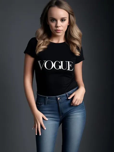 ((photographed by Vogue)),((neutral black background)),1girl, woman, alexis-adams 1girl, full body,t-shirt and jeans, <lora:alexis-adams-xl:1>