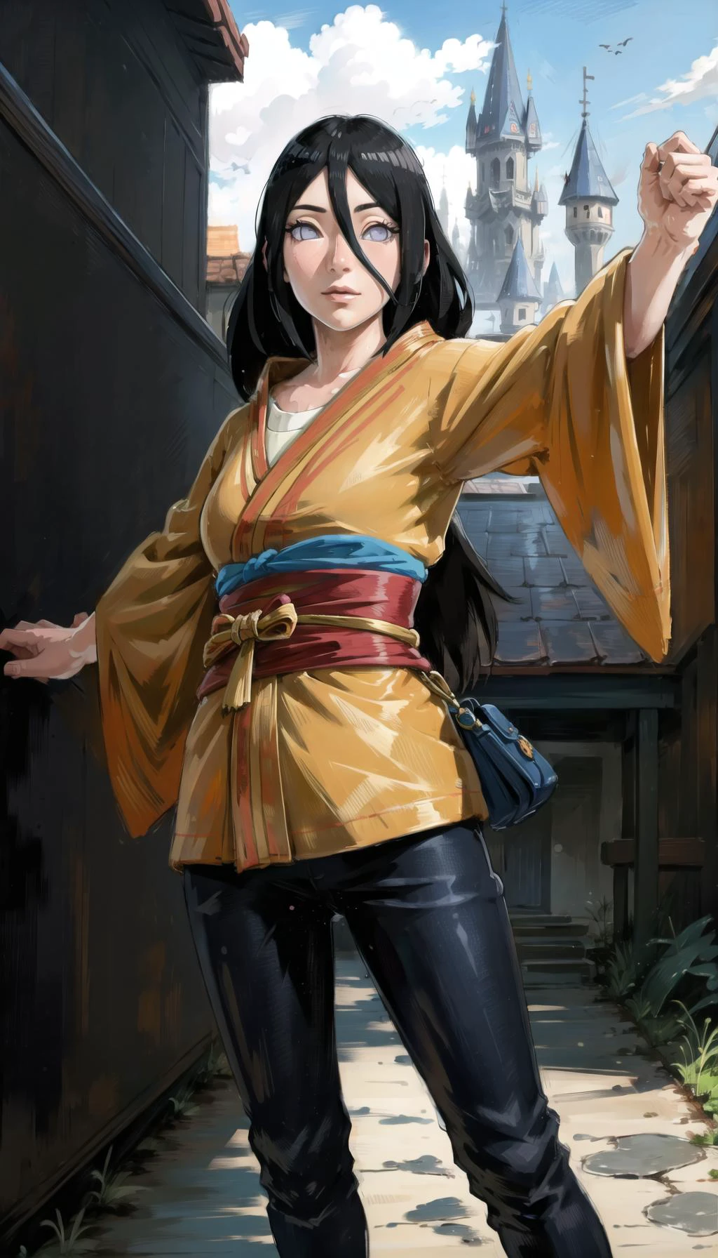 (cowboy shot), sfw, (masterpiece), (best quality:1.0), (ultra highres:1.0), detailed eyes
BREAK
<lora:Hanabi hyuuga, orange kimono, hakama skirt:0.8> Hanabi hyuuga, 1girl, dynamic pose
<lora:tloz_offset:1> tloz_offset
BREAK
(castle, gorgeous view)