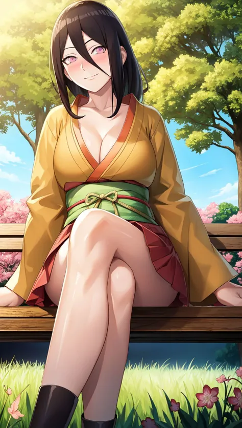 masterpiece, absurdres , (intricate details), (colorful),cinematic lighting,bust shot,extremely detailed CG unity 8k wallpaper ,hyuuga hanabi, 1girl, solo, orange kimono, red hakama skirt, obi, wide sleeves, looking at viewer, (closed mouth), (blushing, smiling:1.4), wind, low tied long hair, (cleavage:1.3), (sakura garden, grubs:1.4), sakura leaves, grass, sakura trees, looking at viewer, (sitting on a bench, crossed legs:1.4), (from below:1.4), (blue sky:1.2) <lora:Hanabi:0.75>