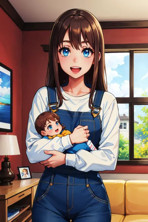 masterpiece, best quality, <lora:yoshidasaki-nvwls-v1-000008:0.9> defSaki, blue eyes, blue overalls, white shirt, long sleeves, holding , smile, happy, living room, :D