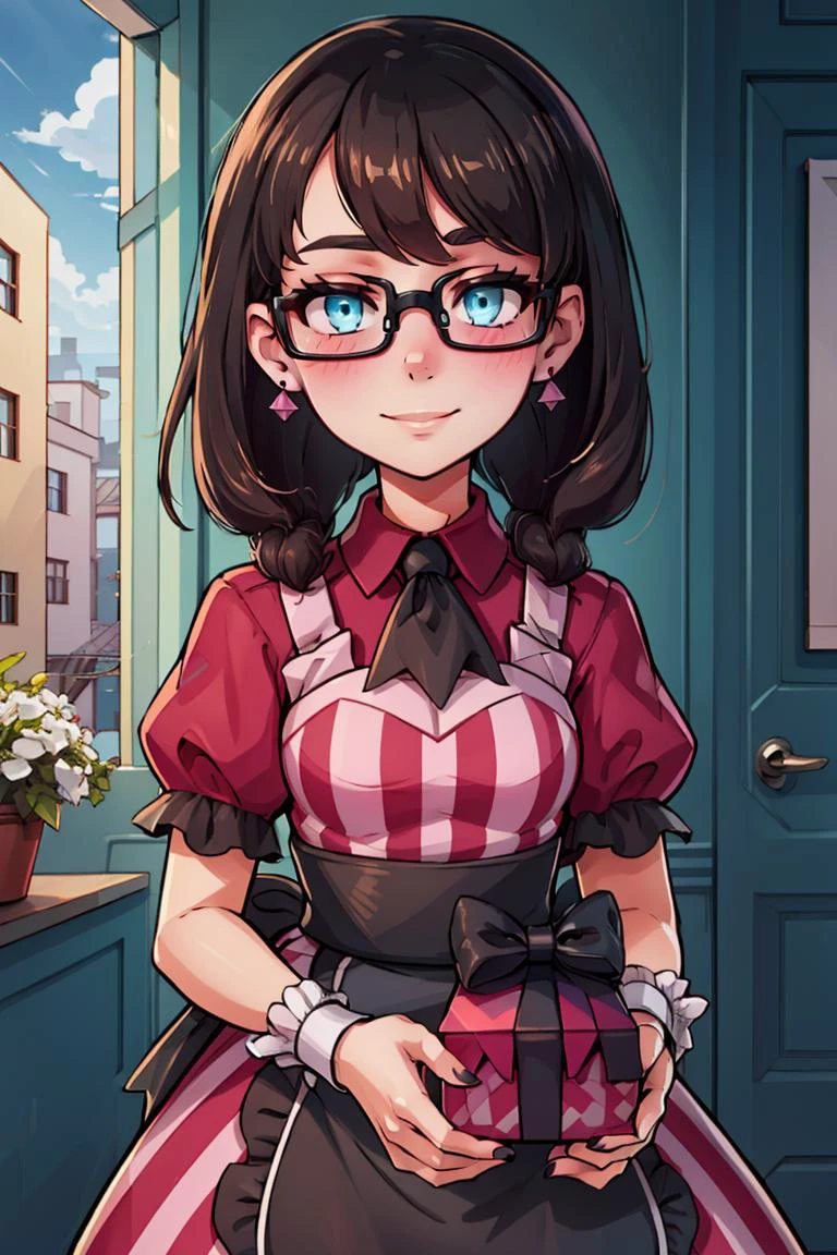 (masterpiece, best quality:1.2), solo, beautiful eyes, <lora:Palentines_2022:0.6>, smile, looking at viewer,
<lora:yoshidasaki-nvwls-v1:0.8>, defSaki, blue eyes, twin braids, hair over shoulders, glasses,
blush, box, closed mouth, commentary request, creatures (company), dress, earrings, eyelashes, game freak, gift, gift box, holding, holding gift, jewelry, looking at viewer, nail polish, nintendo, pink dress, red shirt, shirt, short sleeves, waist apron, wrist cuffs