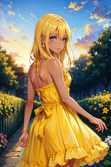 masterpiece, best quality, <lora:yoshidasaki-nvwls-v1-000008:0.9> altSaki, blue eyes, blonde hair, star earrings, yellow sundress, from behind, garden, sunset, smile, dark skin  <lora:edgChamYellowSundress:1> edgYSD,woman wearing a yellow sundress