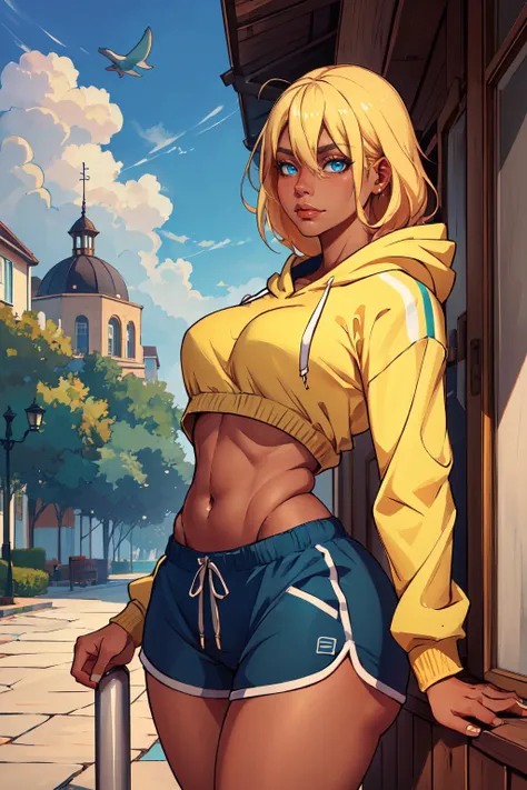 (masterpiece,best quality,absurdres,beautiful,aesthetic,detailed),outside,1girl,altSaki, blue eyes, blonde hair,dark skin,hair between eyes,hoodie,midriff, dolphin shorts,smug <lora:yoshidasaki-nvwls-v1:0.9> <lora:dolphin_shorts_v0.1:0.8>