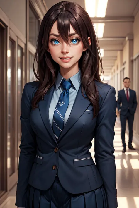 (masterpiece, best quality, 4k, detailed, intricate, realistic),school hallway,happy,1girl,defSaki, blue eyes, blue blazer, blue necktie, pleated skirt,looking at viewer,grin,hair between eyes  <lora:yoshidasaki-nvwls-v1:0.8>