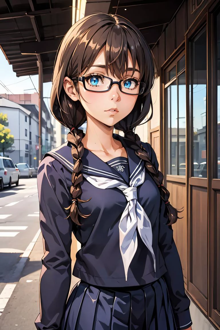 (masterpiece, best quality), 1girl, <lora:yoshidasaki-nvwls-v1:0.8> defSaki, blue eyes, twin braids, hair over shoulders, glasses, blue shirt, serafuku, neckkerchief, long sleeves, pleated skirt,