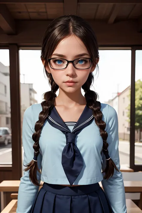 (masterpiece, best quality), 1girl,   <lora:yoshidasaki-nvwls-v1:0.8> defSaki, blue eyes, twin braids, hair over shoulders, glasses, blue shirt, serafuku, neckkerchief, long sleeves, pleated skirt,