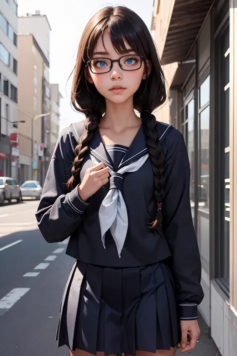 (masterpiece, best quality), 1girl,   <lora:yoshidasaki-nvwls-v1:0.8> defSaki, blue eyes, twin braids, hair over shoulders, glasses, blue shirt, serafuku, neckkerchief, long sleeves, pleated skirt,