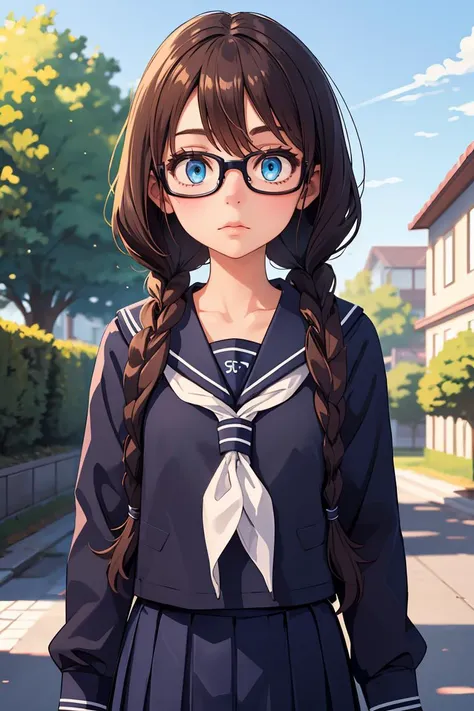 (masterpiece, best quality), 1girl,   <lora:yoshidasaki-nvwls-v1:0.8> defSaki, blue eyes, twin braids, hair over shoulders, glasses, blue shirt, serafuku, neckkerchief, long sleeves, pleated skirt,