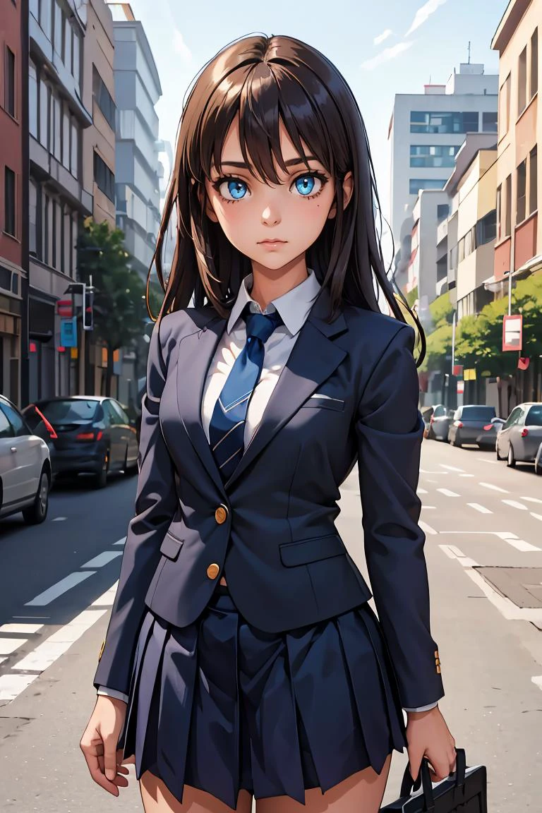 (masterpiece, best quality), 1girl, <lora:yoshidasaki-nvwls-v1:0.8> defSaki, blue eyes, blue blazer, blue necktie, pleated skirt, looking at viewer,