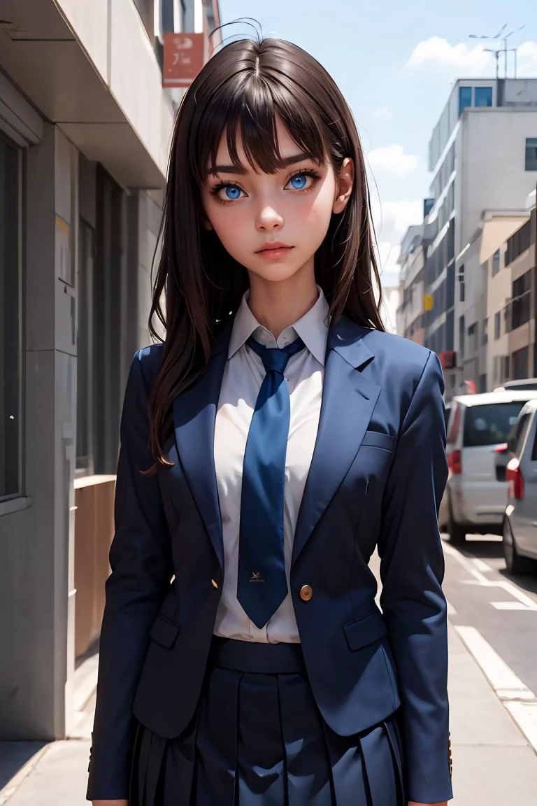 (masterpiece, best quality), 1girl, <lora:yoshidasaki-nvwls-v1:0.8> defSaki, blue eyes, blue blazer, blue necktie, pleated skirt, looking at viewer,