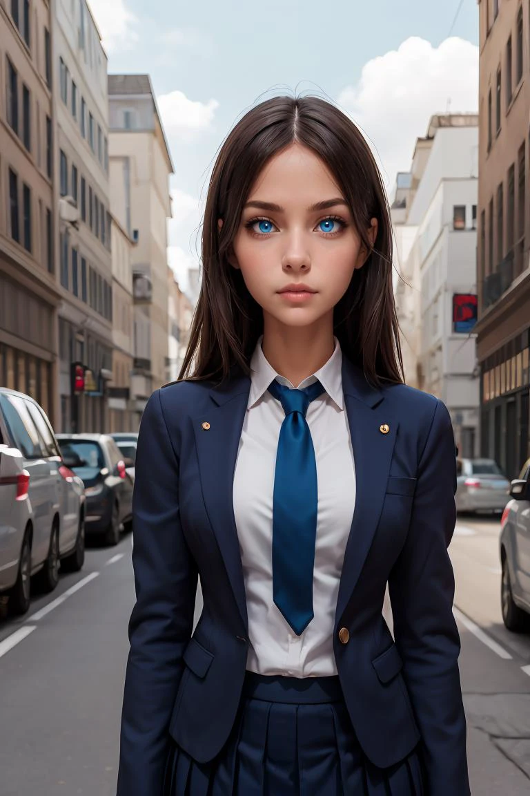 (masterpiece, best quality), 1girl, <lora:yoshidasaki-nvwls-v1:0.8> defSaki, blue eyes, blue blazer, blue necktie, pleated skirt, looking at viewer,