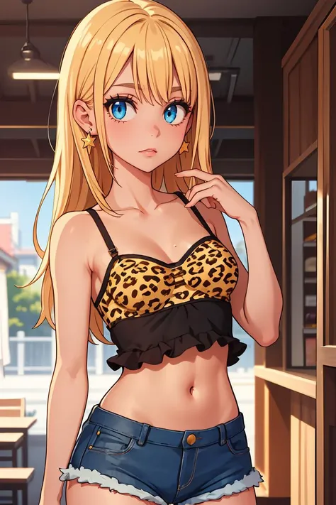 (masterpiece, best quality), 1girl, <lora:yoshidasaki-nvwls-v1:0.8>altSaki, blue eyes, blonde hair, star earrings, leopard print bra, camisole, midriff, denim shorts, tan