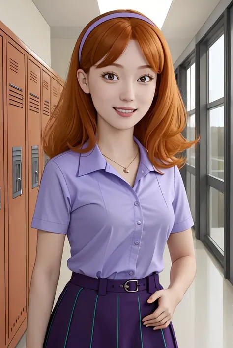 hdr, a photo of rm_jessica, orange hair, purple shirt, purple skirt, indoors, school, hallway, lockers, posing playfully, looking at camera, smiling, <lora:rick_and_morty_characters:.4>, extremely detailed,