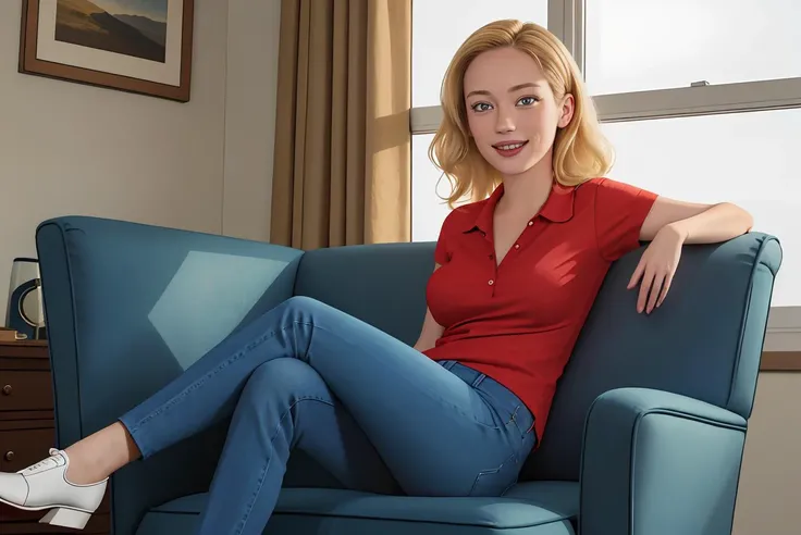 hdr, a photo of beth smith, blonde hair, red shirt, blue pants, white shoes, sitting on a fancy chair, legs crossed, looking at camera, smiling, warm lighting, jazzy ambiance, <lora:rick_and_morty_characters:.4>, extremely detailed,