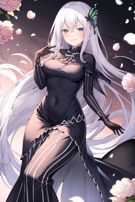 <lora:EchidnaRZ:1>, EchidnaRZM, colored eyelashes, long dress, black dress, vertical-striped dress, best quality, masterpiece, highres