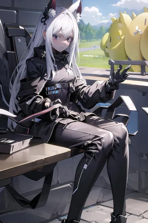 A hyper-realistic、ultra-detailliert、top-quality、hight resolution、Goddess of Japan sitting in a dusty ruin、View and interact with your tablet、A big gun is placed、voluminous gray long hair,,,、Large goggles with antennas on the forehead、Wearing a necklace with a dog tag from neck to chest