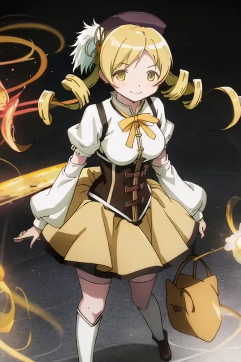 best quality, masterpiece, highres, solo, {tomoe_mami_puellamagimadokamagica:1.15}, blonde_hair, drill_hair, twin_drills, twintails, hair_ornament, yellow_eyes, magical_girl, 1girl, beret, breasts, corset, detached_sleeves, hat, puffy_sleeves, smile