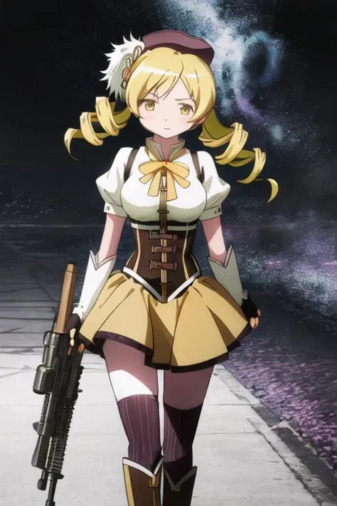 best quality, masterpiece, highres, solo, {tomoe_mami_puellamagimadokamagica:1.15}, blonde_hair, drill_hair, twin_drills, twintails, hair_ornament, yellow_eyes, magical_girl, 1girl, beret, fingerless_gloves, gloves, gun, hat, magical_musket, weapon, puffy_sleeves, corset, rifle