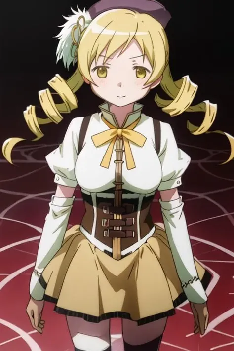 best quality, masterpiece, highres, solo, {tomoe_mami_puellamagimadokamagica:1.15}, blonde_hair, drill_hair, twin_drills, twintails, hair_ornament, yellow_eyes, magical_girl, 1girl, beret, hat, parody
