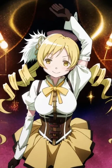 best quality, masterpiece, highres, solo, {tomoe_mami_puellamagimadokamagica:1.15}, blonde_hair, drill_hair, twin_drills, twintails, hair_ornament, yellow_eyes, magical_girl, 1girl, smile, , large_breasts, closed_eyes, detached_sleeves