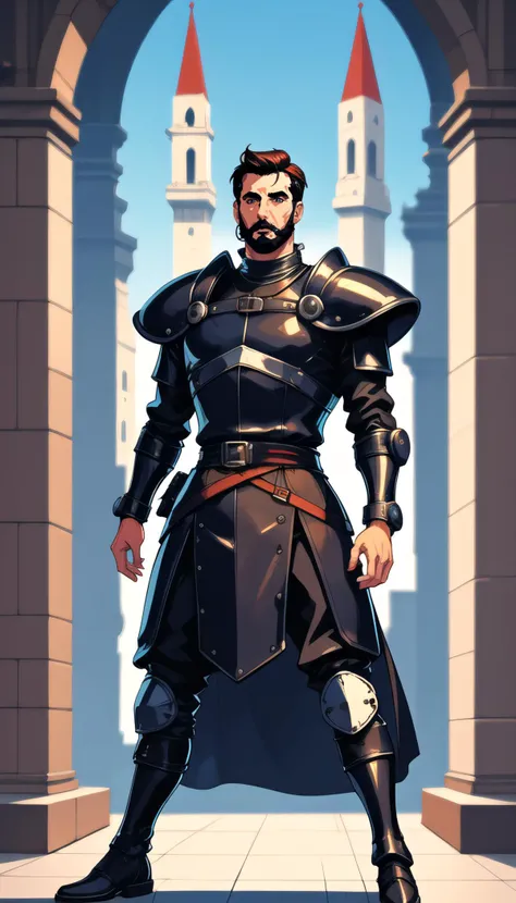 man with black medieval armor guarding a castle, high quality, highly detailed, masterpiece, digital illustration, pg_rating