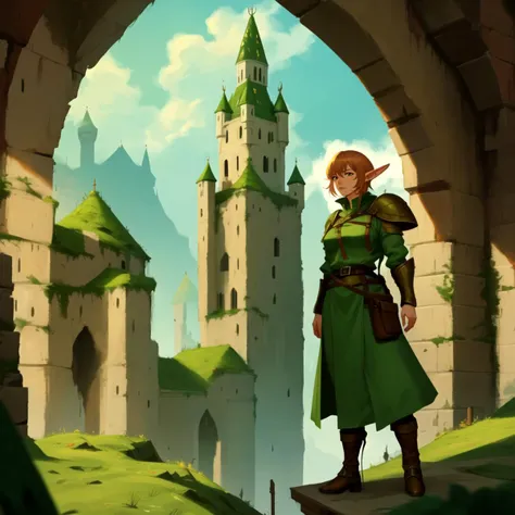 woman with elf ears, wearing medieval armor, castle, high quality, masterpiece, cinematic, rough painterly texture