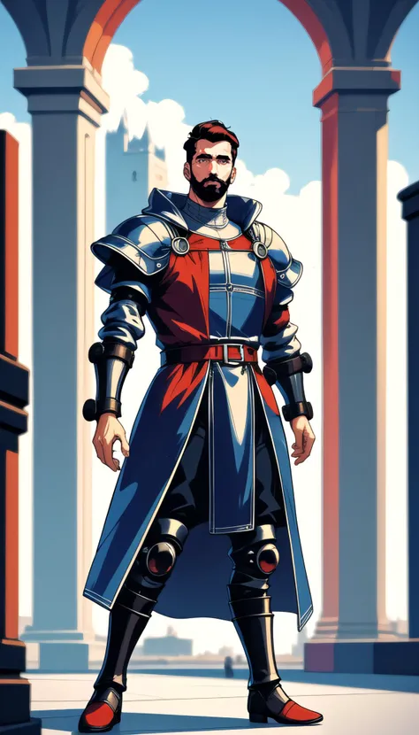 man with black medieval armor guarding a castle, high quality, highly detailed, masterpiece, digital illustration, pg_rating