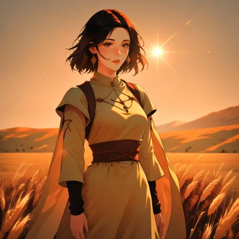 woman with short black hair, wearing medieval tunic, standing in wheat field during sunset, high quality, highly detailed, masterpiece, digital illustration, pg_rating