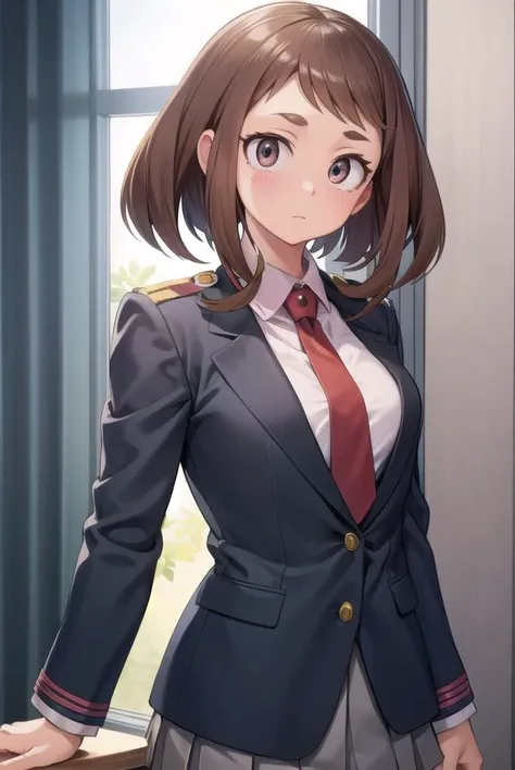 ochakouraraka, <lyco:ochakouraraka-lyco-nochekaiser:1>,
ochako uraraka, (uraraka ochako:1.5), (brown eyes:1.5), brown hair, short hair, blush, blush stickers,
BREAK grey jacket, jacket, pantyhose, school uniform, u.a. school uniform, necktie, red necktie, shirt, white shirt, collared shirt, long sleeves, skirt, green skirt, pleated skirt, short skirt,
BREAK indoors, classroom,
BREAK looking at viewer, cowboy shot,
BREAK <lyco:GoodHands-beta2:1>, (masterpiece:1.2), best quality, high resolution, unity 8k wallpaper, (illustration:0.8), (beautiful detailed eyes:1.6), extremely detailed face, perfect lighting, extremely detailed CG, (perfect hands, perfect anatomy),