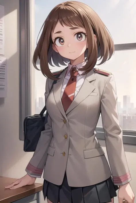ochakouraraka, <lyco:ochakouraraka-lyco-nochekaiser:1>,
ochako uraraka, (uraraka ochako:1.5), (brown eyes:1.5), brown hair, short hair, blush, blush stickers,
BREAK grey jacket, jacket, pantyhose, school uniform, u.a. school uniform, necktie, red necktie, shirt, white shirt, collared shirt, long sleeves, skirt, green skirt, pleated skirt, short skirt,
BREAK indoors, classroom,
BREAK looking at viewer, cowboy shot,
BREAK <lyco:GoodHands-beta2:1>, (masterpiece:1.2), best quality, high resolution, unity 8k wallpaper, (illustration:0.8), (beautiful detailed eyes:1.6), extremely detailed face, perfect lighting, extremely detailed CG, (perfect hands, perfect anatomy),