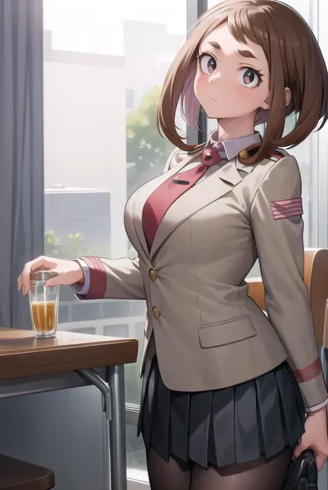 ochakouraraka, <lyco:ochakouraraka-lyco-nochekaiser:1>,
ochako uraraka, (uraraka ochako:1.5), (brown eyes:1.5), brown hair, short hair, blush, blush stickers,
BREAK grey jacket, jacket, pantyhose, school uniform, u.a. school uniform, necktie, red necktie, shirt, white shirt, collared shirt, long sleeves, skirt, green skirt, pleated skirt, short skirt,
BREAK indoors, classroom,
BREAK looking at viewer, cowboy shot,
BREAK <lyco:GoodHands-beta2:1>, (masterpiece:1.2), best quality, high resolution, unity 8k wallpaper, (illustration:0.8), (beautiful detailed eyes:1.6), extremely detailed face, perfect lighting, extremely detailed CG, (perfect hands, perfect anatomy),