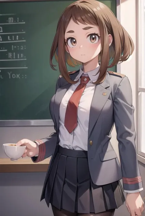 ochakouraraka, <lyco:ochakouraraka-lyco-nochekaiser:1>,
ochako uraraka, (uraraka ochako:1.5), (brown eyes:1.5), brown hair, short hair, blush, blush stickers,
BREAK grey jacket, jacket, pantyhose, school uniform, u.a. school uniform, necktie, red necktie, shirt, white shirt, collared shirt, long sleeves, skirt, green skirt, pleated skirt, short skirt,
BREAK indoors, classroom,
BREAK looking at viewer, cowboy shot,
BREAK <lyco:GoodHands-beta2:1>, (masterpiece:1.2), best quality, high resolution, unity 8k wallpaper, (illustration:0.8), (beautiful detailed eyes:1.6), extremely detailed face, perfect lighting, extremely detailed CG, (perfect hands, perfect anatomy),