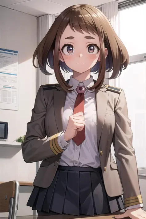 ochakouraraka, <lyco:ochakouraraka-lyco-nochekaiser:1>,
ochako uraraka, (uraraka ochako:1.5), (brown eyes:1.5), brown hair, short hair, blush, blush stickers,
BREAK grey jacket, jacket, pantyhose, school uniform, u.a. school uniform, necktie, red necktie, shirt, white shirt, collared shirt, long sleeves, skirt, green skirt, pleated skirt, short skirt,
BREAK indoors, classroom,
BREAK looking at viewer, cowboy shot,
BREAK <lyco:GoodHands-beta2:1>, (masterpiece:1.2), best quality, high resolution, unity 8k wallpaper, (illustration:0.8), (beautiful detailed eyes:1.6), extremely detailed face, perfect lighting, extremely detailed CG, (perfect hands, perfect anatomy),