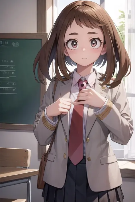 ochakouraraka, <lyco:ochakouraraka-lyco-nochekaiser:1>,
ochako uraraka, (uraraka ochako:1.5), (brown eyes:1.5), brown hair, short hair, blush, blush stickers,
BREAK grey jacket, jacket, pantyhose, school uniform, u.a. school uniform, necktie, red necktie, shirt, white shirt, collared shirt, long sleeves, skirt, green skirt, pleated skirt, short skirt,
BREAK indoors, classroom,
BREAK looking at viewer, cowboy shot,
BREAK <lyco:GoodHands-beta2:1>, (masterpiece:1.2), best quality, high resolution, unity 8k wallpaper, (illustration:0.8), (beautiful detailed eyes:1.6), extremely detailed face, perfect lighting, extremely detailed CG, (perfect hands, perfect anatomy),