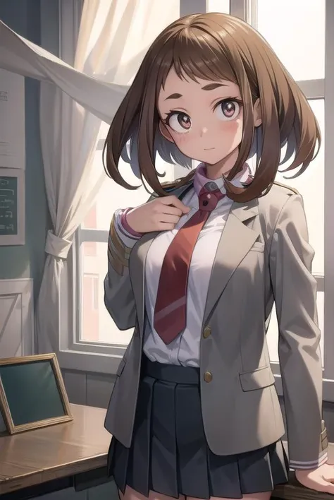 ochakouraraka, <lyco:ochakouraraka-lyco-nochekaiser:1>,
ochako uraraka, (uraraka ochako:1.5), (brown eyes:1.5), brown hair, short hair, blush, blush stickers,
BREAK grey jacket, jacket, pantyhose, school uniform, u.a. school uniform, necktie, red necktie, shirt, white shirt, collared shirt, long sleeves, skirt, green skirt, pleated skirt, short skirt,
BREAK indoors, classroom,
BREAK looking at viewer, cowboy shot,
BREAK <lyco:GoodHands-beta2:1>, (masterpiece:1.2), best quality, high resolution, unity 8k wallpaper, (illustration:0.8), (beautiful detailed eyes:1.6), extremely detailed face, perfect lighting, extremely detailed CG, (perfect hands, perfect anatomy),