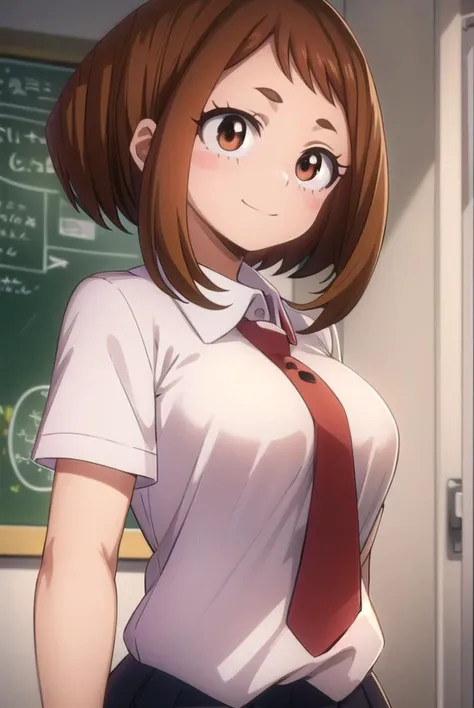 ochakouraraka, <lyco:ochako uraraka s3-lyco-nochekaiser:1>,
ochako uraraka, (uraraka ochako:1.5), (brown eyes:1.5), brown hair, short hair, blush, blush stickers, smile,
BREAK skirt, shirt, school uniform, white shirt, short sleeves, pleated skirt, necktie, collared shirt, red necktie, u.a. school uniform,
BREAK indoors, classroom,
BREAK looking at viewer,
BREAK <lyco:GoodHands-beta2:1>, (masterpiece:1.2), best quality, high resolution, unity 8k wallpaper, (illustration:0.8), (beautiful detailed eyes:1.6), extremely detailed face, perfect lighting, extremely detailed CG, (perfect hands, perfect anatomy),
