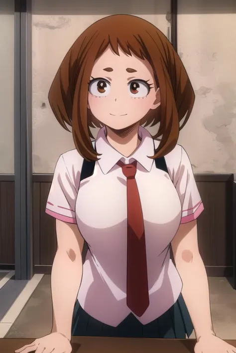 ochakouraraka, <lyco:ochako uraraka s3-lyco-nochekaiser:1>,
ochako uraraka, (uraraka ochako:1.5), (brown eyes:1.5), brown hair, short hair, blush, blush stickers, smile,
BREAK skirt, shirt, school uniform, white shirt, short sleeves, pleated skirt, necktie, collared shirt, red necktie, u.a. school uniform,
BREAK indoors, classroom,
BREAK looking at viewer,
BREAK <lyco:GoodHands-beta2:1>, (masterpiece:1.2), best quality, high resolution, unity 8k wallpaper, (illustration:0.8), (beautiful detailed eyes:1.6), extremely detailed face, perfect lighting, extremely detailed CG, (perfect hands, perfect anatomy),